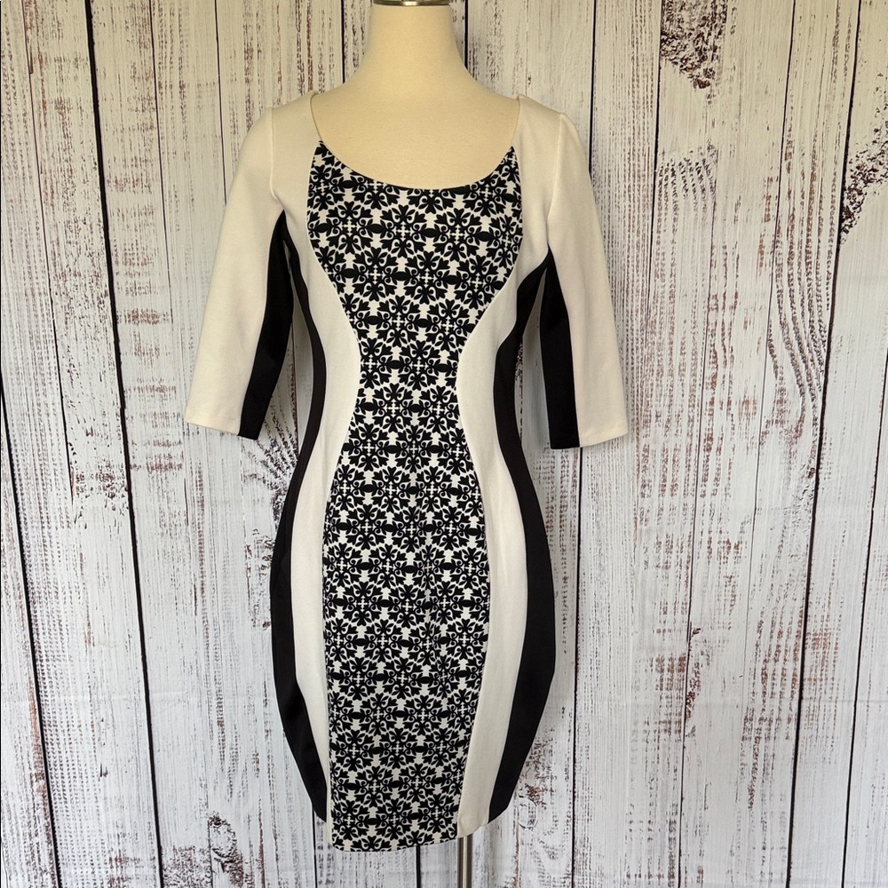Signature by Sangria Black and‎ White Floral Panel Midi Dress